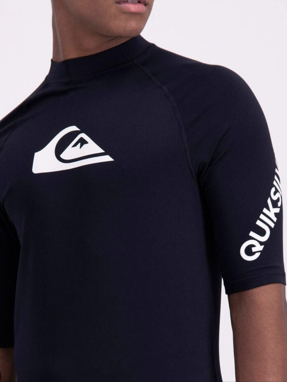 Quiksilver high neck rash guard t-shirt black short sleeves white Sz Small